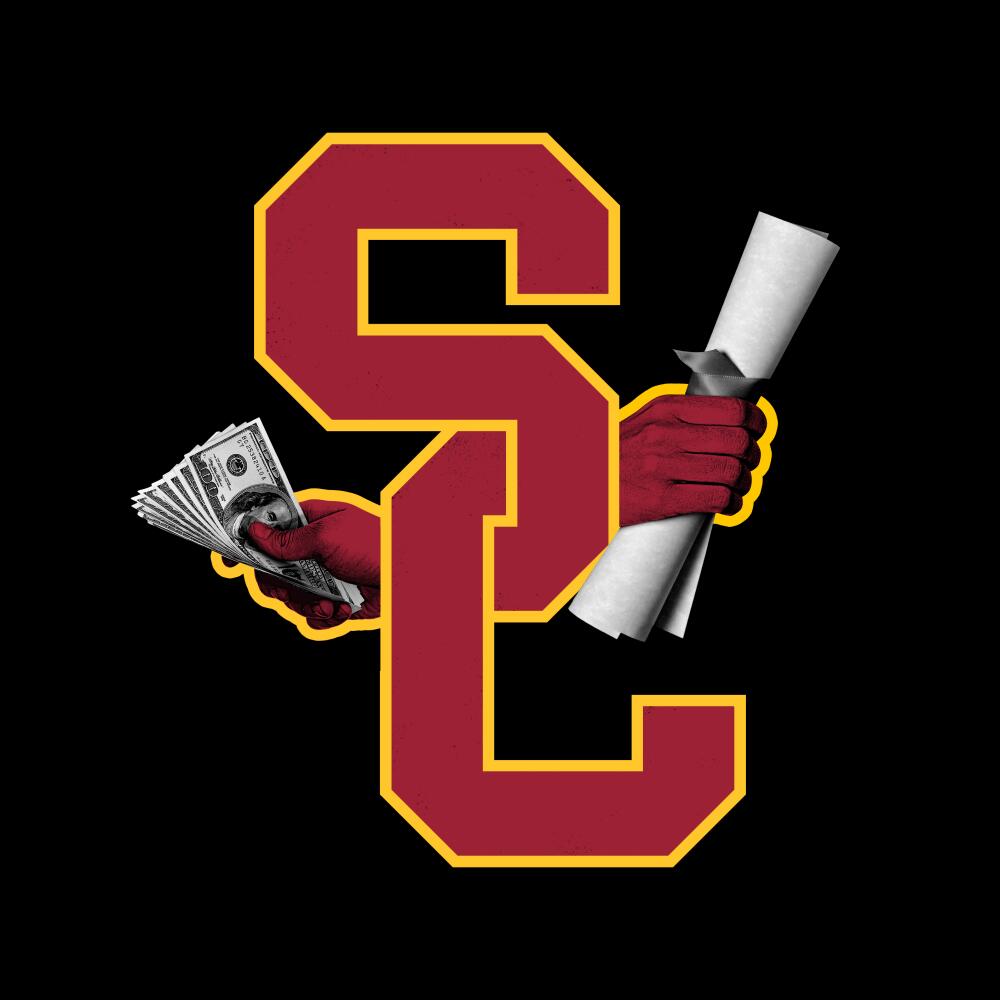 Illustration of USC logo with two interlocking hands, one with money and one with a diploma