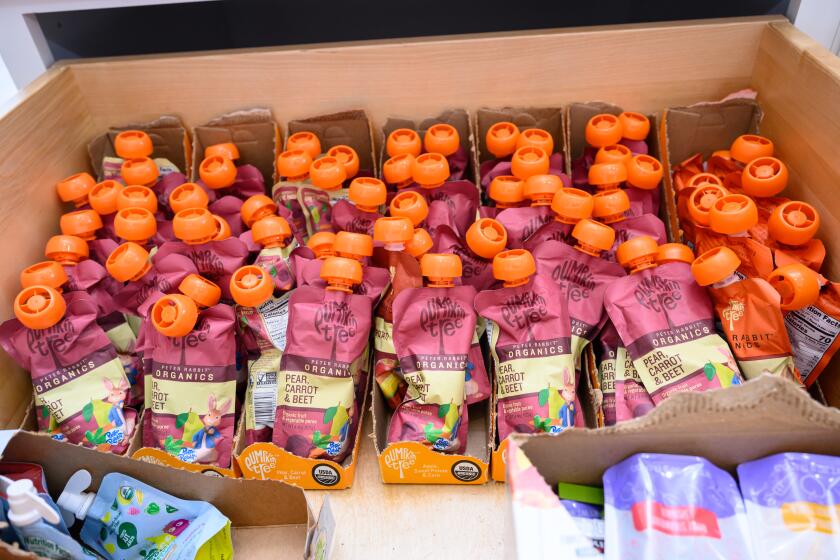 PITTSBURG, CALIFORNIA - OCT 14: Baby food pouches are seen in a drawer at the home of Heidi Martinez in Pittsburg, California on October 14, 2024. Sales of baby food pouches have increased 900% over the past decade and account for nearly half of infant food sold. (Josh Edelson / For the Times)