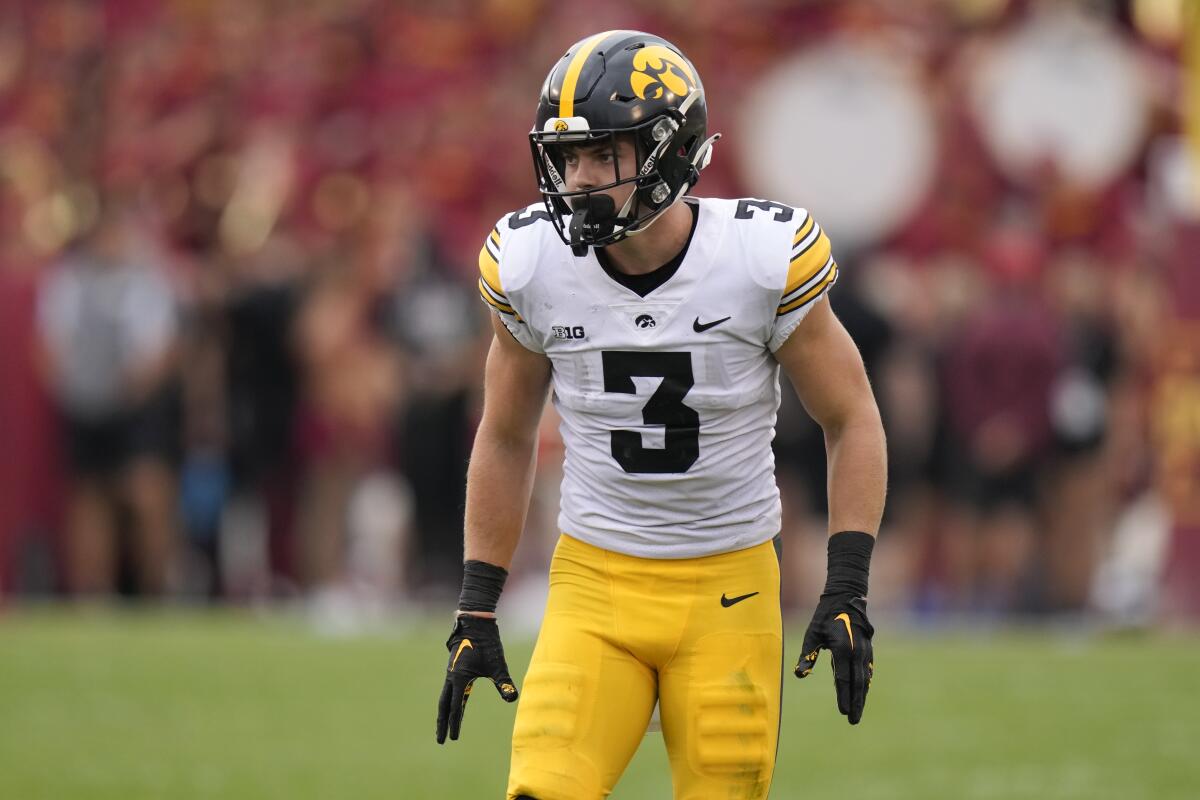 Iowa defensive back Cooper DeJean gets set for a play against Iowa State.