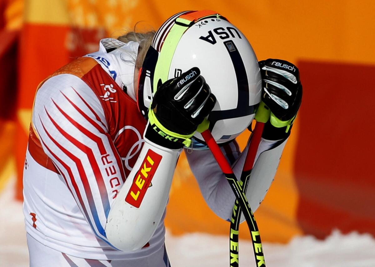 Lindsey Vonn reacts in the finish area after competing in the women's super-G.