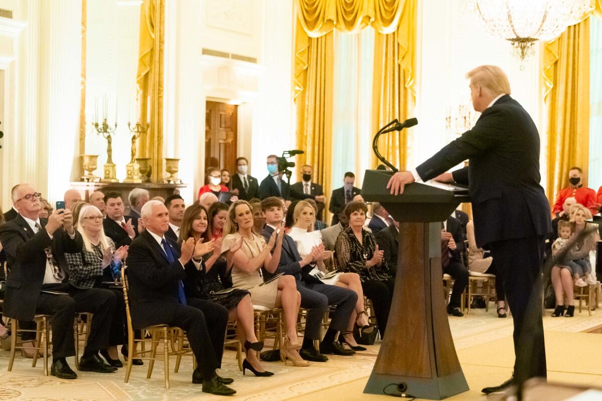 President Trump speaks to gold star families Sunday in the East Room of the White House. 