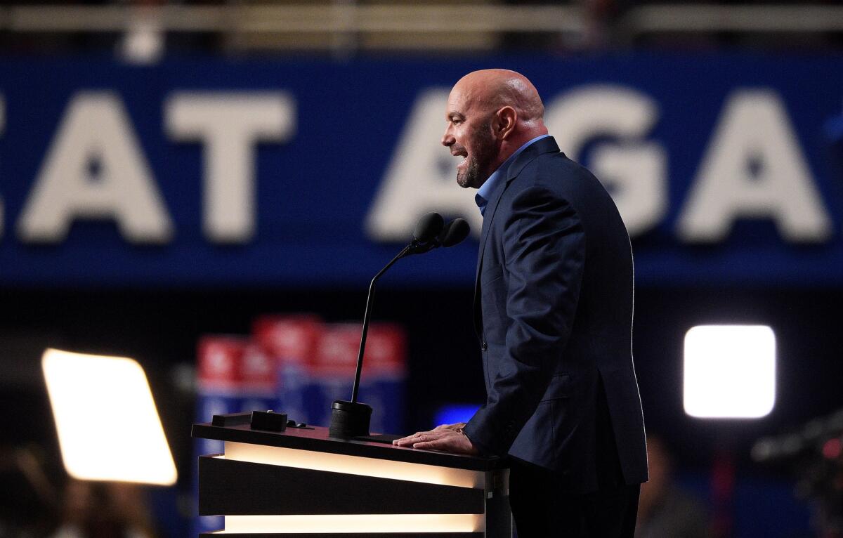 CLEVELAND, OH - JULY 19: UFC President Dana White delivers a speech on the second day of the Republican National Convention on July 19, 2016 at the Quicken Loans Arena in Cleveland, Ohio. Republican presidential candidate Donald Trump received the number of votes needed to secure the party's nomination. An estimated 50,000 people are expected in Cleveland, including hundreds of protesters and members of the media. The four-day Republican National Convention kicked off on July 18. (Photo by Jeff Swensen/Getty Images) ** OUTS - ELSENT, FPG, CM - OUTS * NM, PH, VA if sourced by CT, LA or MoD **