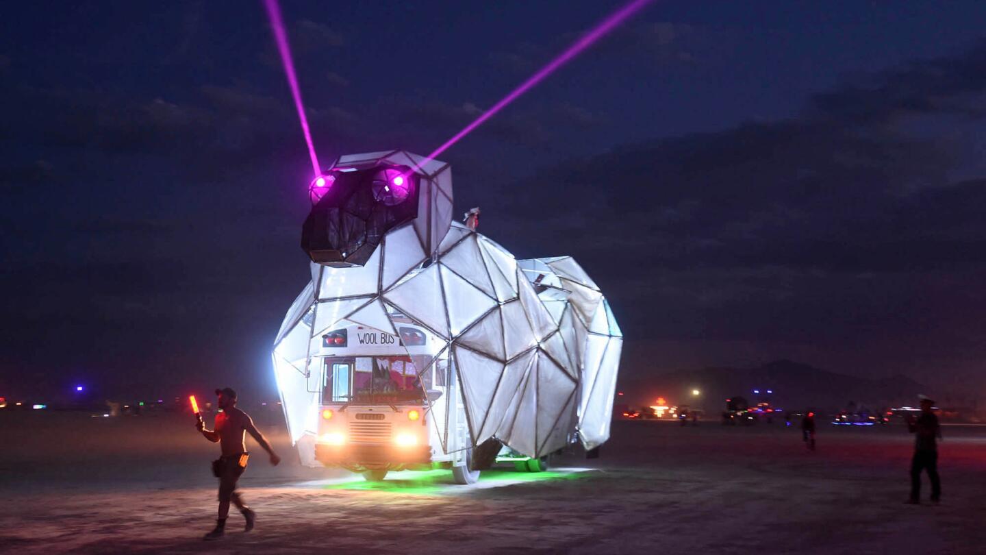 An art car is driven to the Black Rock DMV to be registered at the annual Burning Man event on the Black Rock Desert in Nevada.