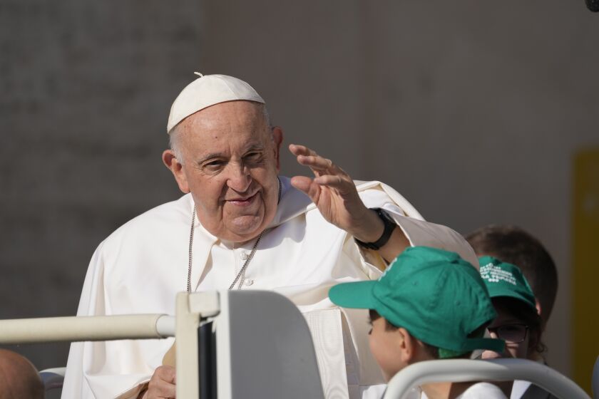 Pope Francis arrives for his weekly general audience in St. Peter's Square at The Vatican, Wednesday, June 7, 2023. (AP Photo/Andrew Medichini)