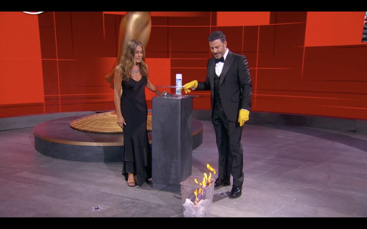 Jennifer Aniston and Jimmy Kimmel at the 2020 Emmy Awards 