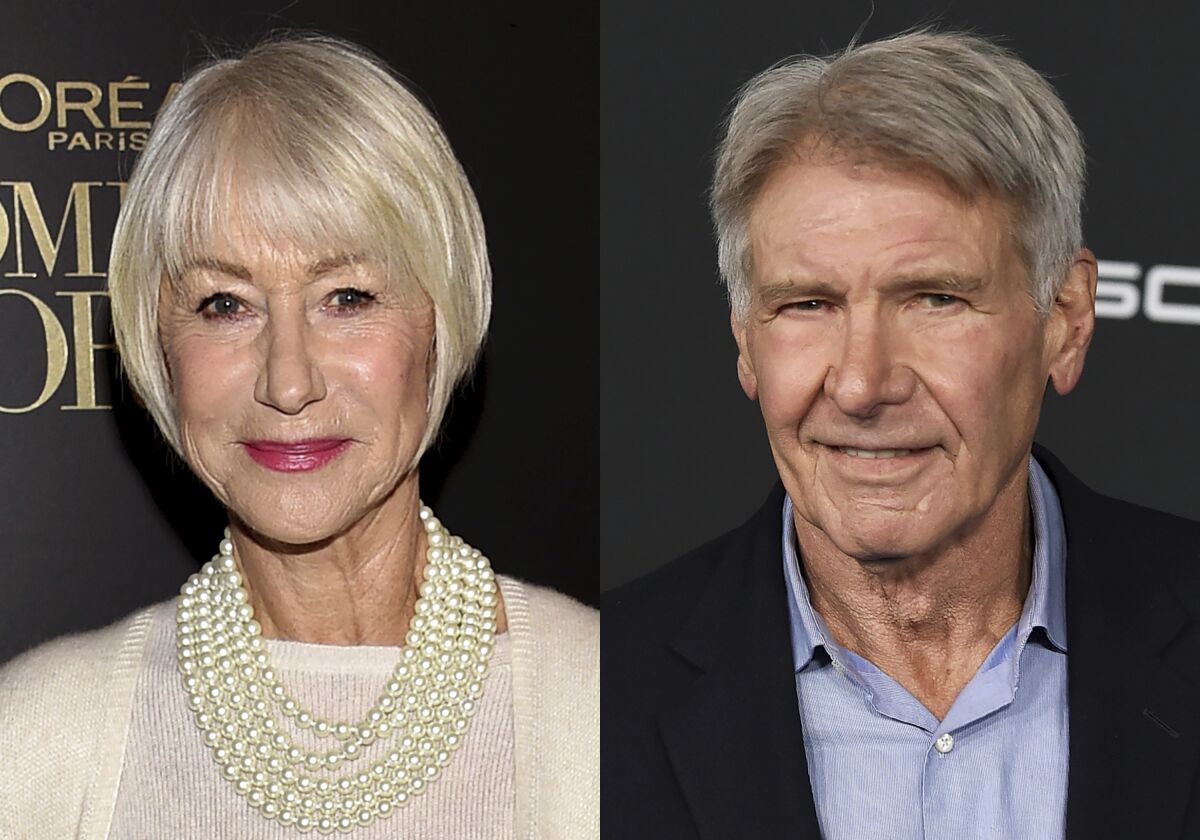 Helen Mirren appears at the 14th annual L'Oreal Paris Women of Worth Gala in New York on Dec. 4, 2019, left, and Harrison Ford appears at the premiere of "Star Wars: The Rise of Skywalker" in Los Angeles on Dec. 16, 2019. Mirren and Ford will headline a Paramount+ series with the working title “1932,” which joins “1883” as part of what the streaming service called the “origin story” of its “Yellowstone” drama series.(AP Photo)