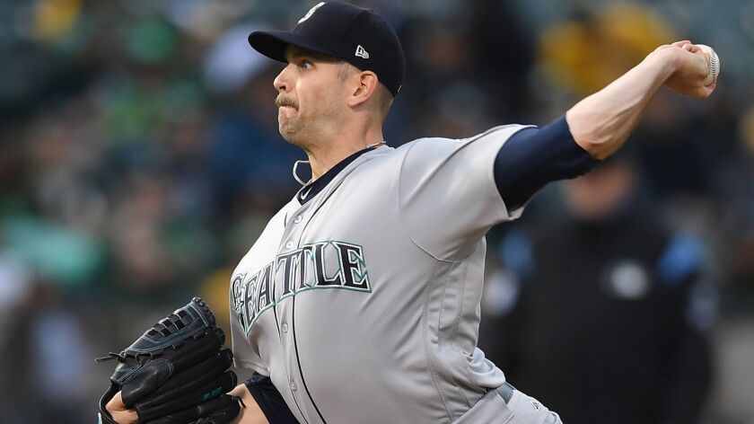 James Paxton of the Seattle Mariners pitches against the Oakland Athletics on Aug. 14, 2018 in Oakland.