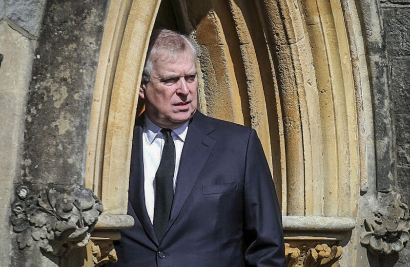 FILE - Britain's Prince Andrew appears at the Royal Chapel at Windsor, following the death announcement of his father Prince Philip, April 11, 2021, in England. Prince Andrew wants a jury to decide a lawsuit against him by his sexual assault accuser Virginia Giuffre, if he can't get the case dismissed altogether. The request from his lawyers Wednesday, Jan. 26, 2022, was inside a formal response to the lawsuit Giuffre filed against him in August in Manhattan. (Steve Parsons/Pool Photo via AP, File)