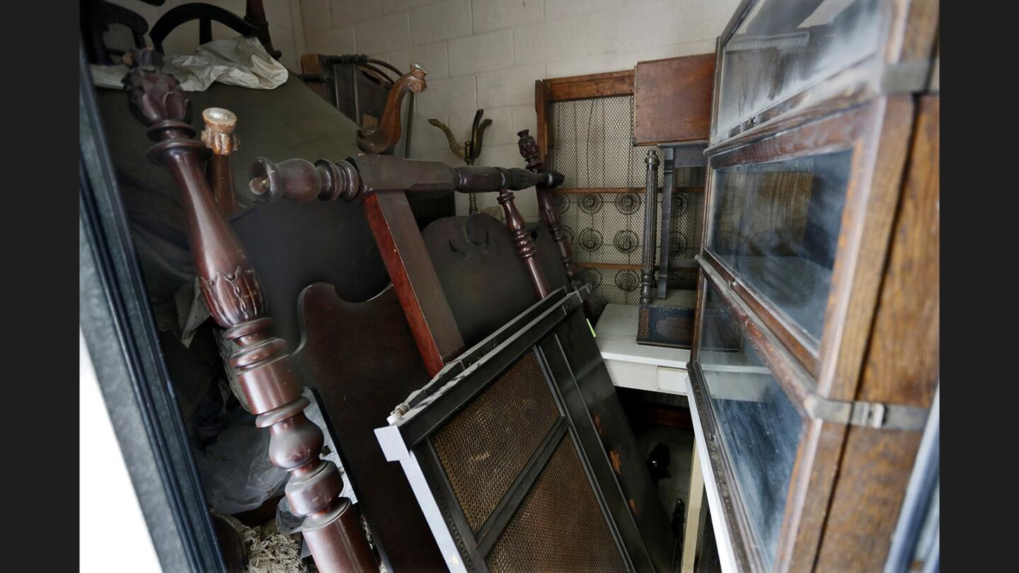 Items held in storage for the Lanterman House include old rugs, bed posts, chairs and a few other miscellaneous furniture items, at a cost of $211 per month for the 6-foot by 10-foot storage unit in La Crescenta, on Tuesday, July 25, 2017.
