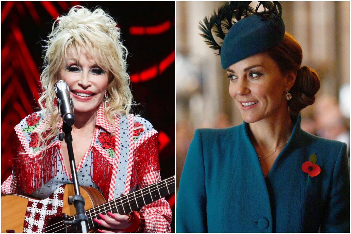 Photos of Dolly Parton in a red-fringed top holding a guitar and Kate Middleton in a teal suit and hat