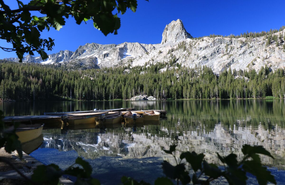 Located near the center of town at Mammoth Lakes, Lake George mirrors the striking rocky protrusion called Crystal Crag.