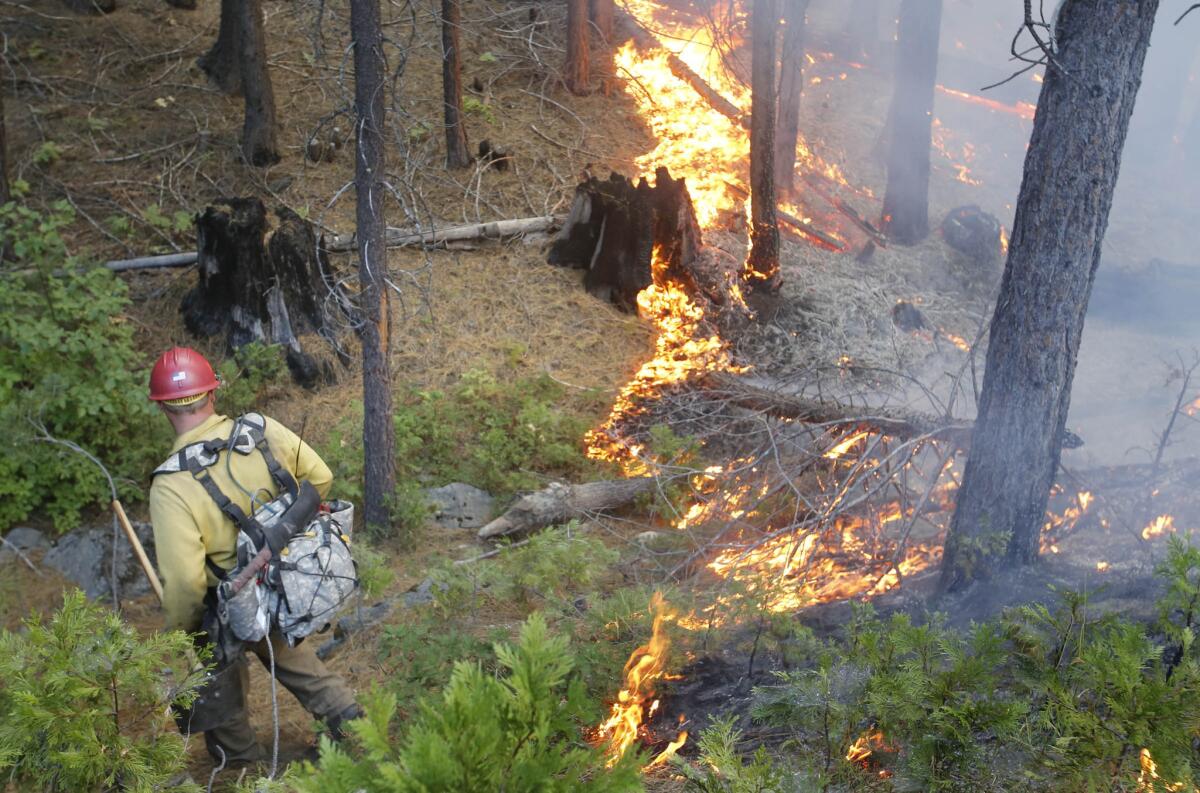 Capt. Russell Mitchell with the Yosemite Fire Department scrambles down a hill next to California 120 on Tuesday.