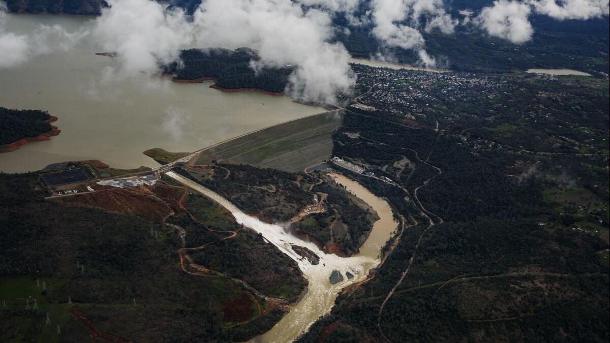 An aerial view of the water flowing out of the Oroville Dam main spillway in February 2017. Heavy rains delivered so much water that officials feared the dam would break.