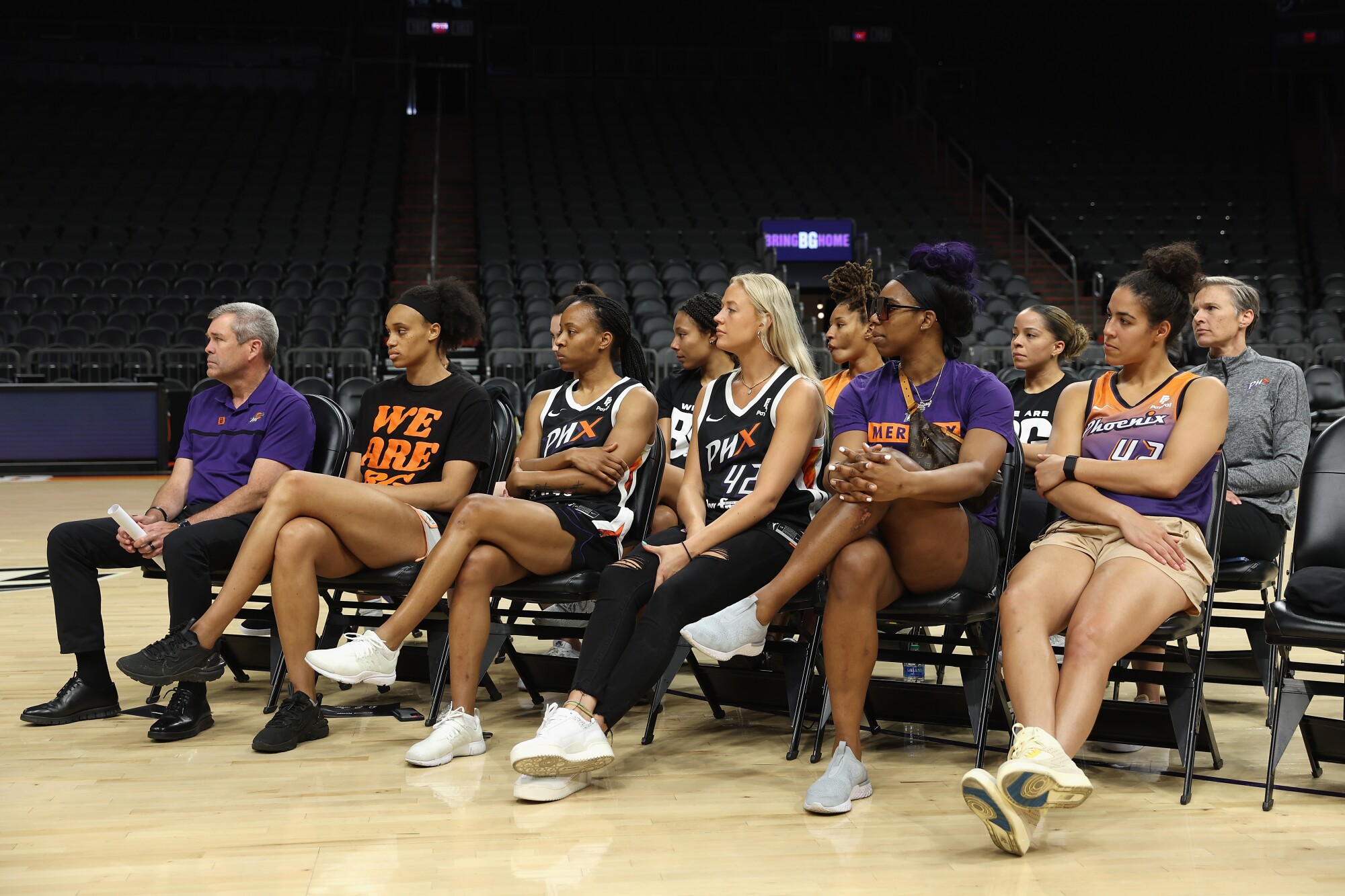 Players, coach and general manager from the Phoenix Mercury attend a rally to support the release of Brittney Griner 