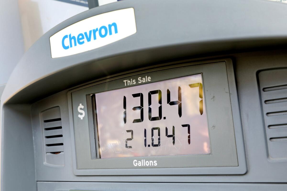 A gas pump shows that a customer paid $130.47 for 21 gallons at a Chevron