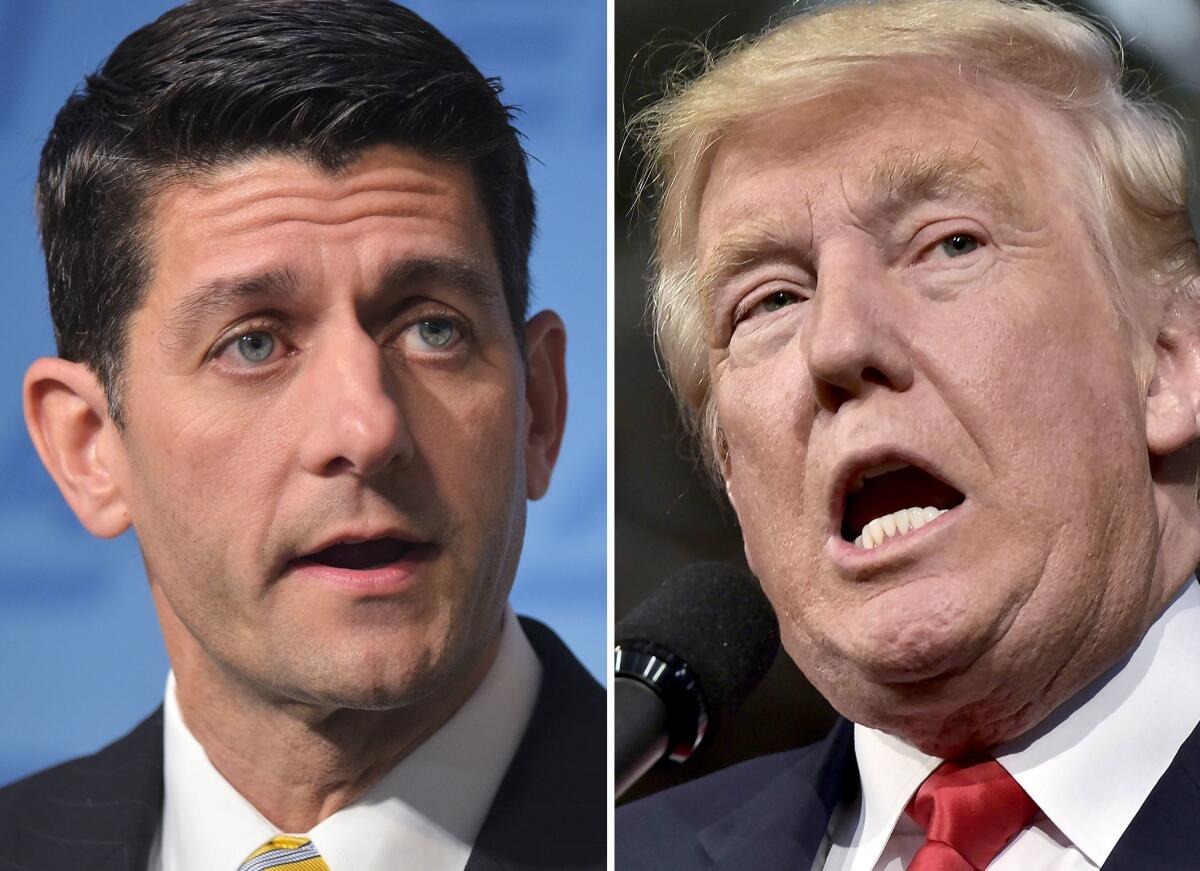 House Speaker Paul D. Ryan (R-Wis.), left, refuses to campaign for Donald Trump and is concentrating on protecting the GOP's majority in the House.