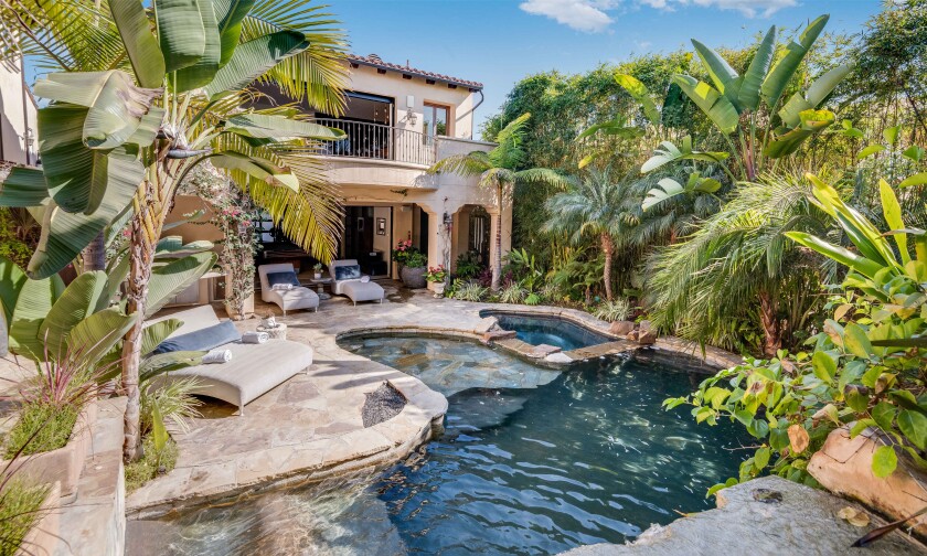 A pool surrounded by palm trees and other greenery in the backyard.