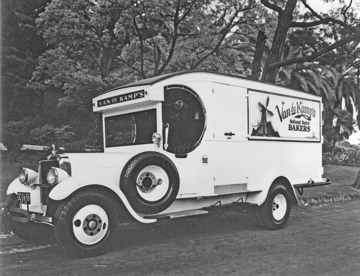 The Van de Kamp's Holland Dutch Bakeries Model T delivery truck in Pasadena in 1924.