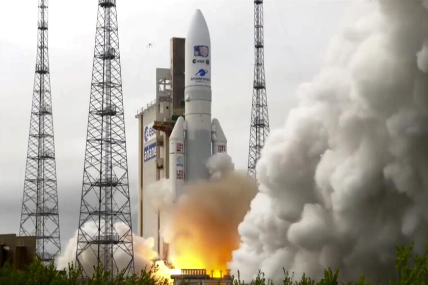 In this image provided by the European Space Agency, an Ariane rocket carrying the robotic explorer Juice takes off from Europe's Spaceport in French Guiana, Friday, April 14, 2023. European spacecraft has blasted off on a quest to explore Jupiter and three of its ice-encrusted moons. Dubbed Juice, the robotic explorer set off on an eight-year journey Friday from French Guiana in South America, launching atop an Ariane rocket. (ESA via AP)