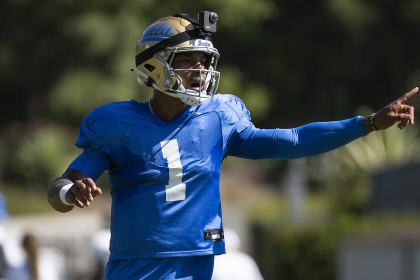 Los Angeles, CA - April 23: UCLA quarterback Dorian Thompson-Robinson gestures.