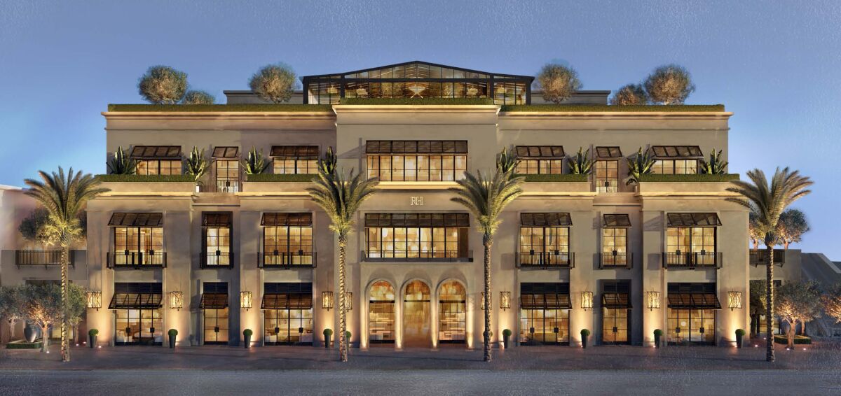 A rendering of RH Newport Beach, which is slated to open its doors at Fashion Island in 2024.