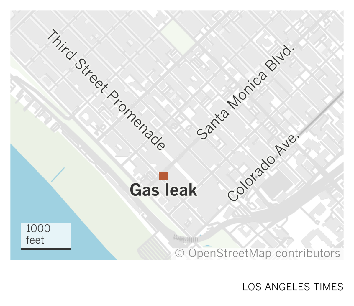 A map of downtown Santa Monica shows the location of a gas leak on Santa Monica Boulevard near the Third Street Promenade