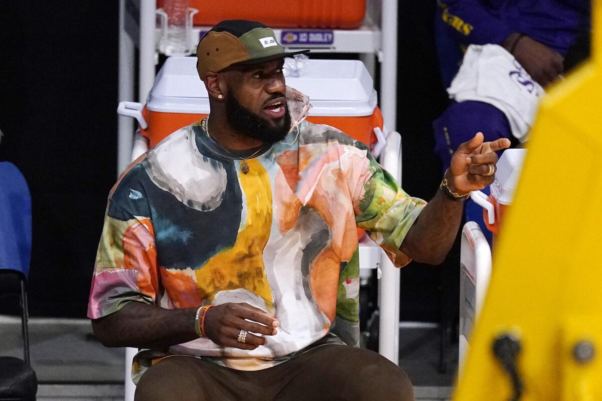 Close view of LeBron James of the Los Angeles Lakers hat during