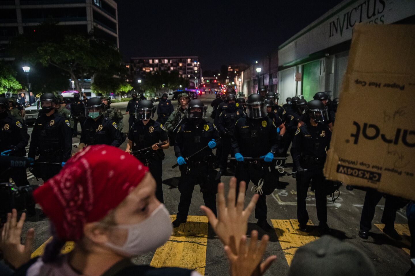 Protesters and police officers stood off late into the night in front of the San Diego Police Department on September 23, 2020.