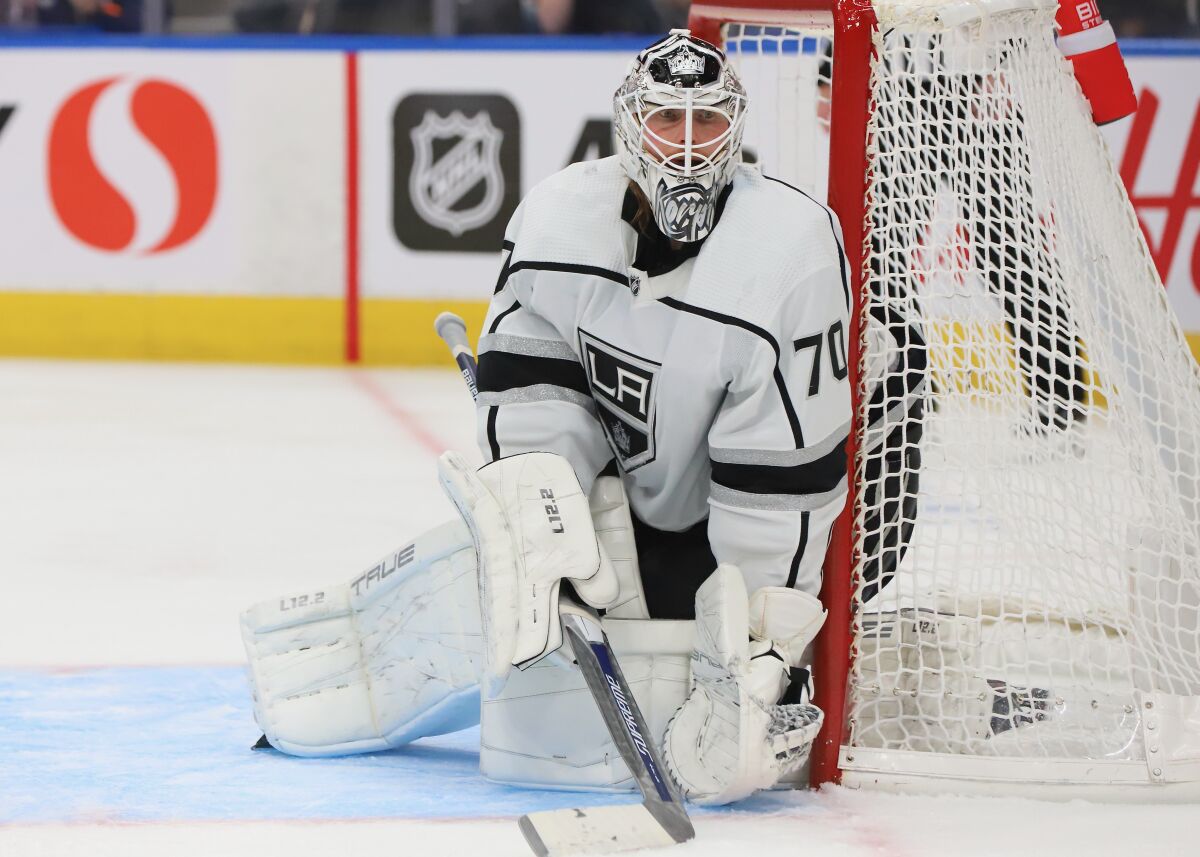 Joonas Korpisalo of the Kings makes a save in overtime against the Edmonton Oilers on Monday in Game 1.