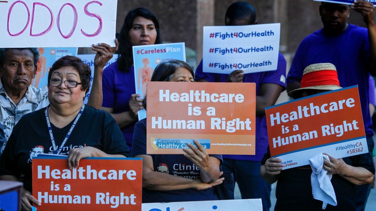Supporters of single-payer healthcare rally in L.A. County. One in 3 Californians is on the state's Medi-Cal program, which could be scaled back under the U.S. Senate's healthcare plan.