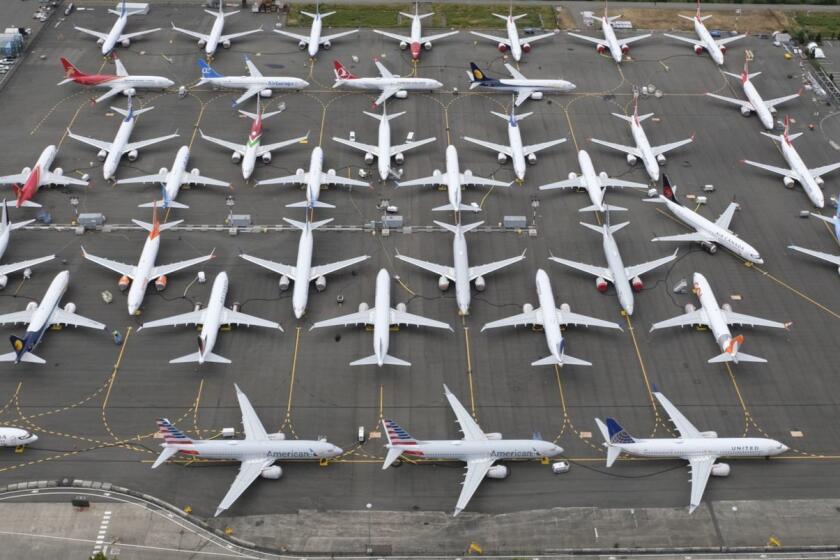 SEATTLE, WA - JUNE 27: Boeing 737 MAX airplanes are stored on employee parking lots near Boeing Field, on June 27, 2019 in Seattle, Washington. After a pair of crashes, the 737 MAX has been grounded by the FAA and other aviation agencies since March, 13, 2019. (Photo by Stephen Brashear/Getty Images) ** OUTS - ELSENT, FPG, CM - OUTS * NM, PH, VA if sourced by CT, LA or MoD **