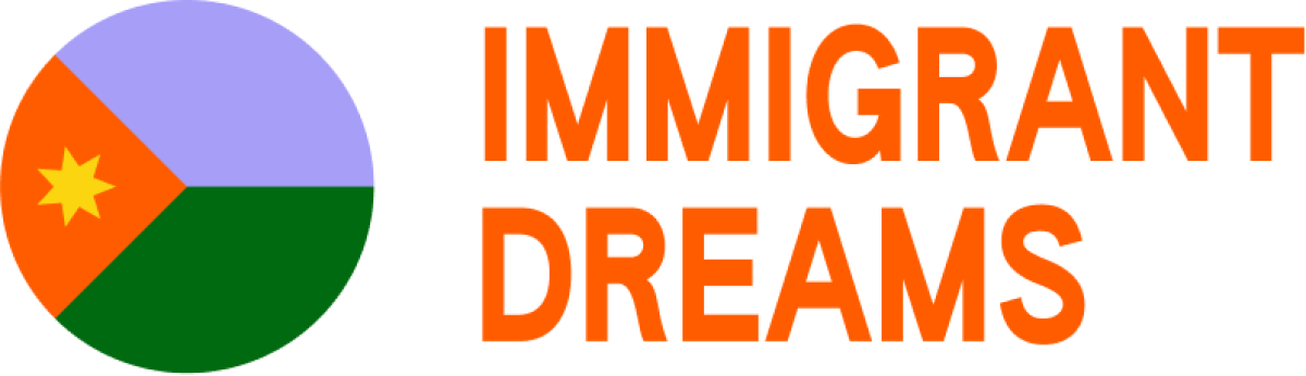 A moving Immigrant Dreams logo with a flag/pie chart icon