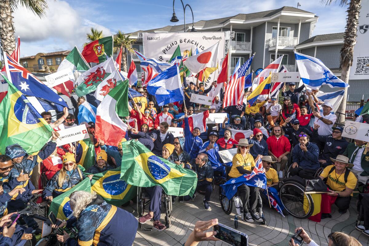 The flags of each competing country are pictured at the opening ceremony for last year's ISA World Para Surfing Championship.