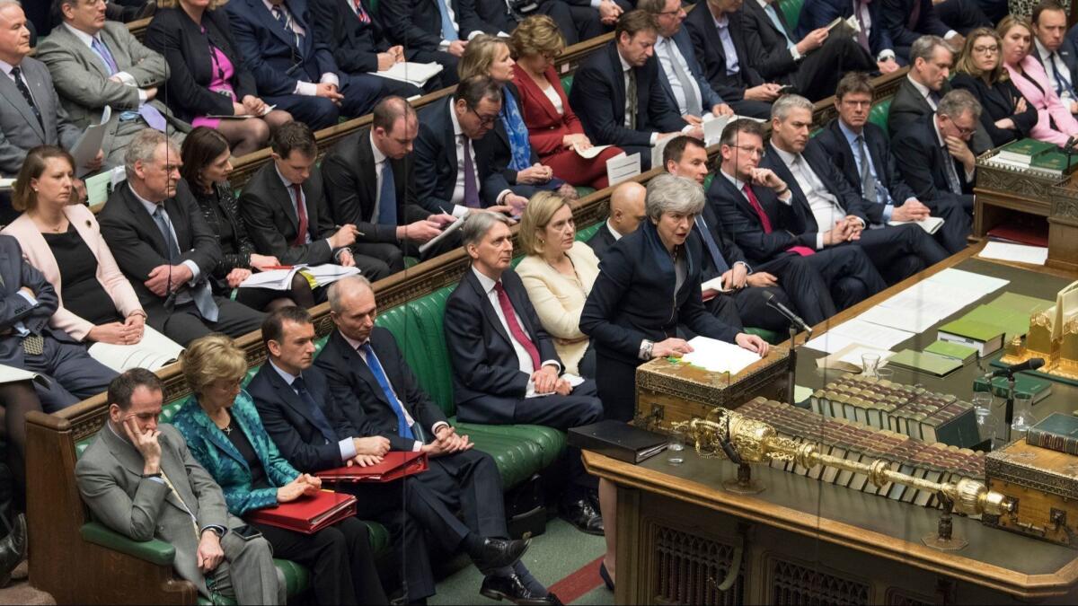 British Prime Minister Theresa May speaks in the British House of Commons in London, Britain on April 3.