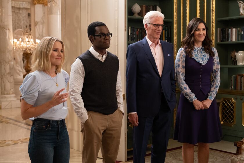 "The Good Place" -- "TBD" Episode 413/414 -- Pictured: (l-r) Kristen Bell, William Jackson Harper, Ted Danson, and D’Arcy Carden (Photo by: Colleen Hayes/NBC)