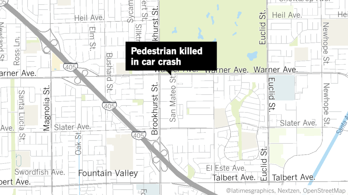 A pedestrian died after being struck in a car crash in Fountain Valley on Tuesday.

