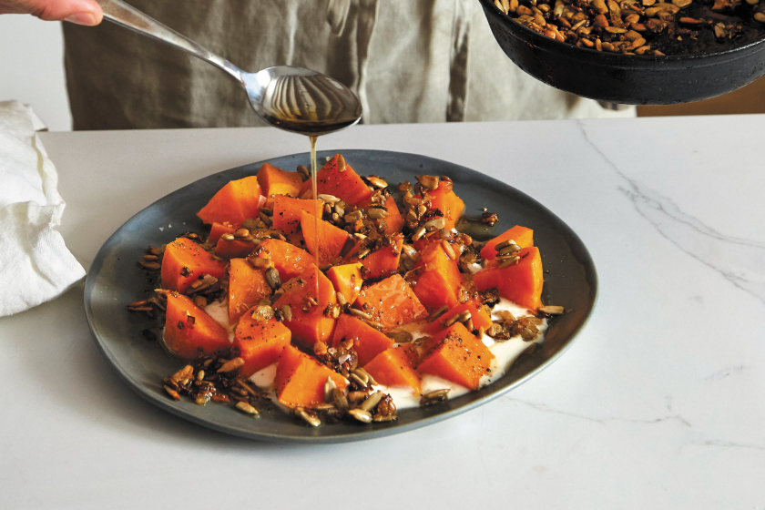 Spiced sunflower seeds and caramelized onions add punch to chilled chunks of pre-cooked sweet potatoes in this dish from "Start Simple" by Lukas Volger.