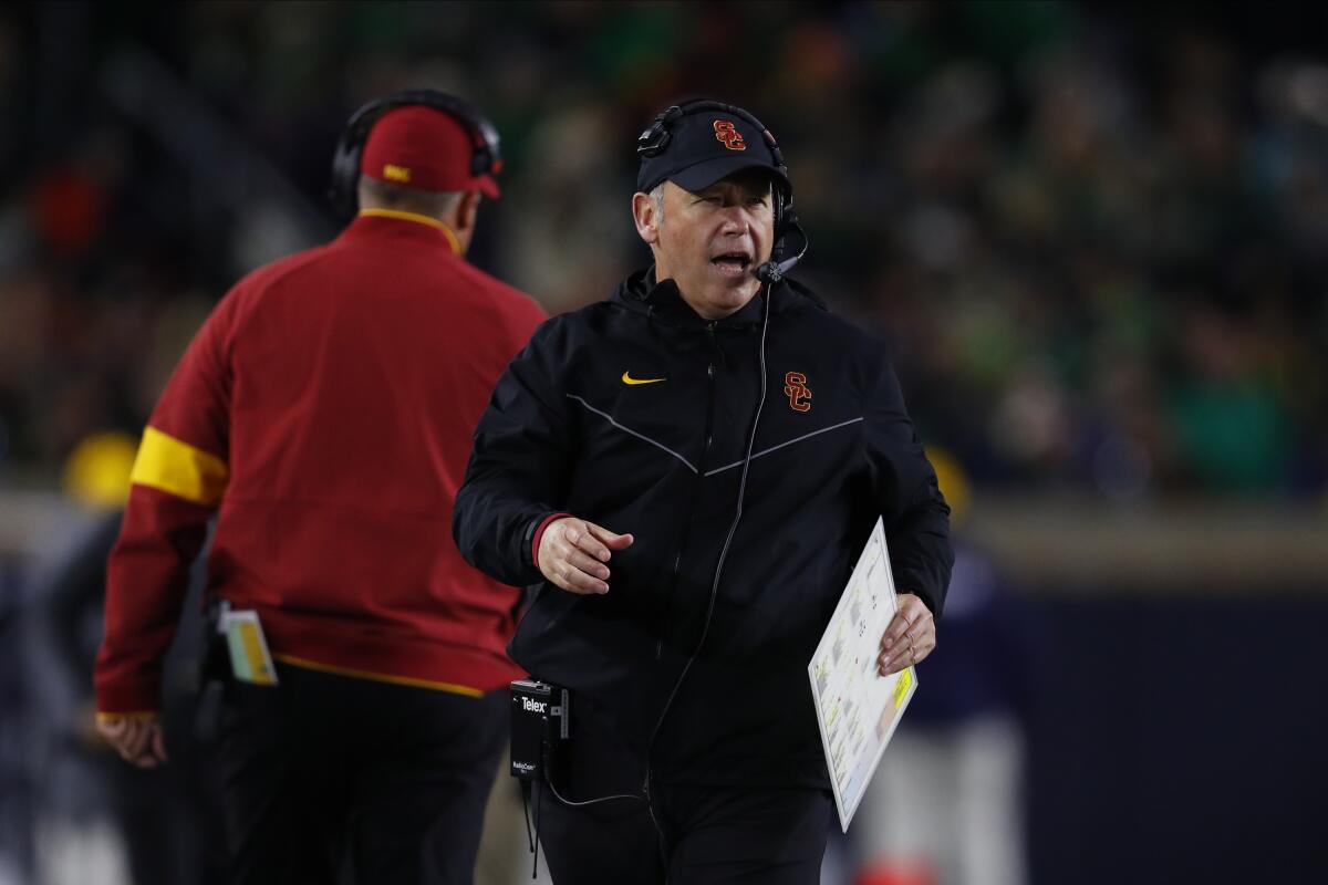 USC defensive coordinator Clancy Pendergast stands on the sideline during the Trojans loss to Notre Dame in October.