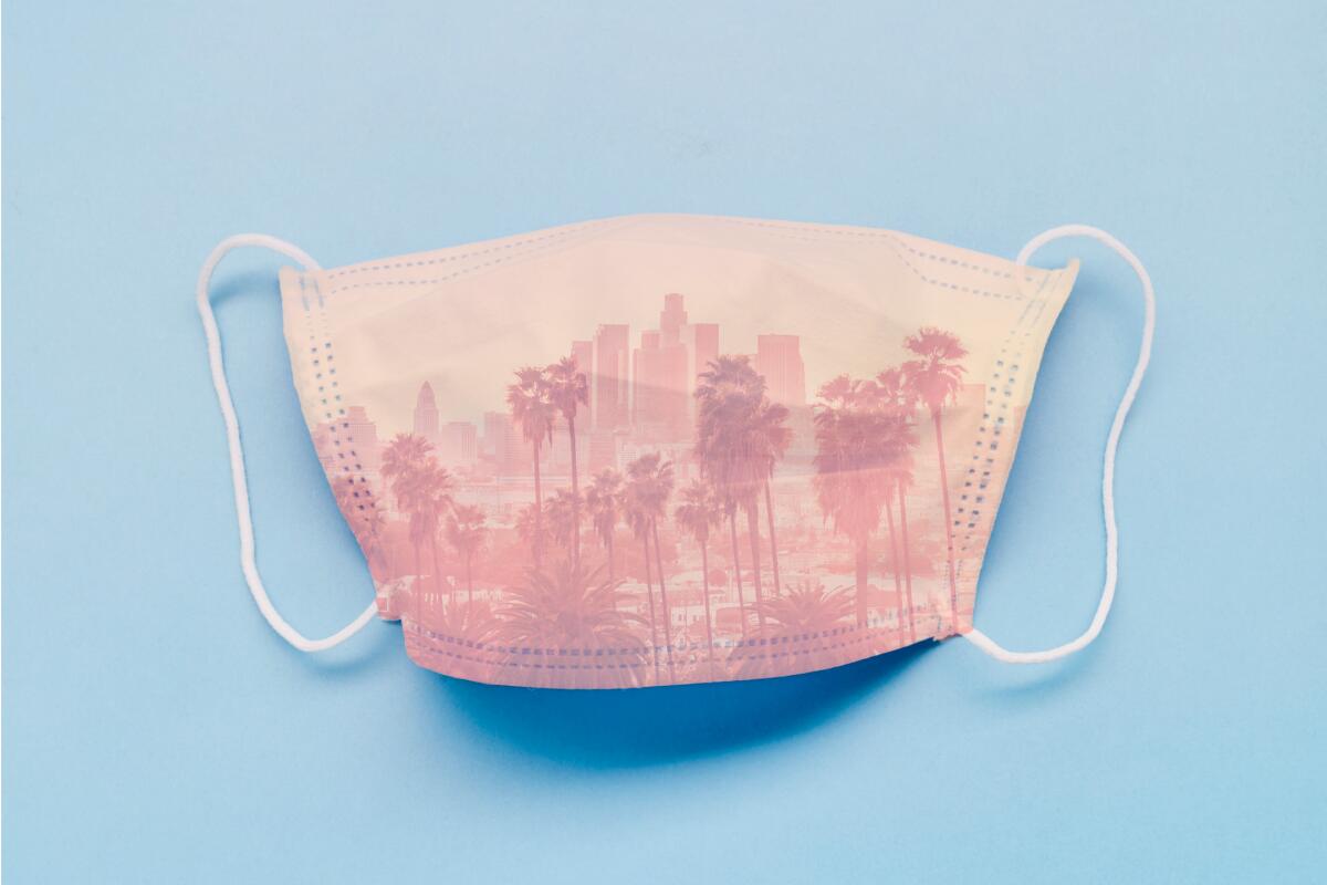Illustration of a facemask with L.A.'s iconic palm trees and skyline projected onto it.