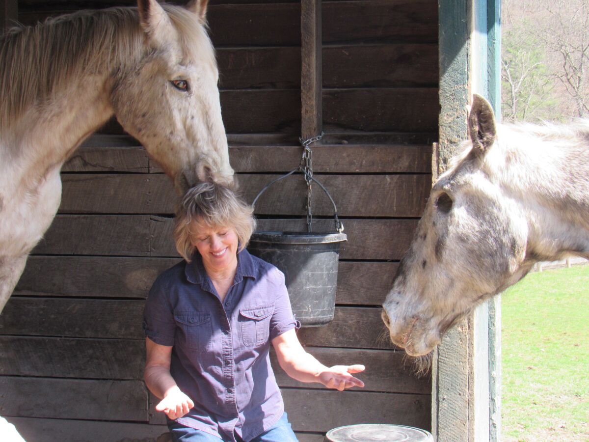 Kathy Stevens is flanked by two horses.