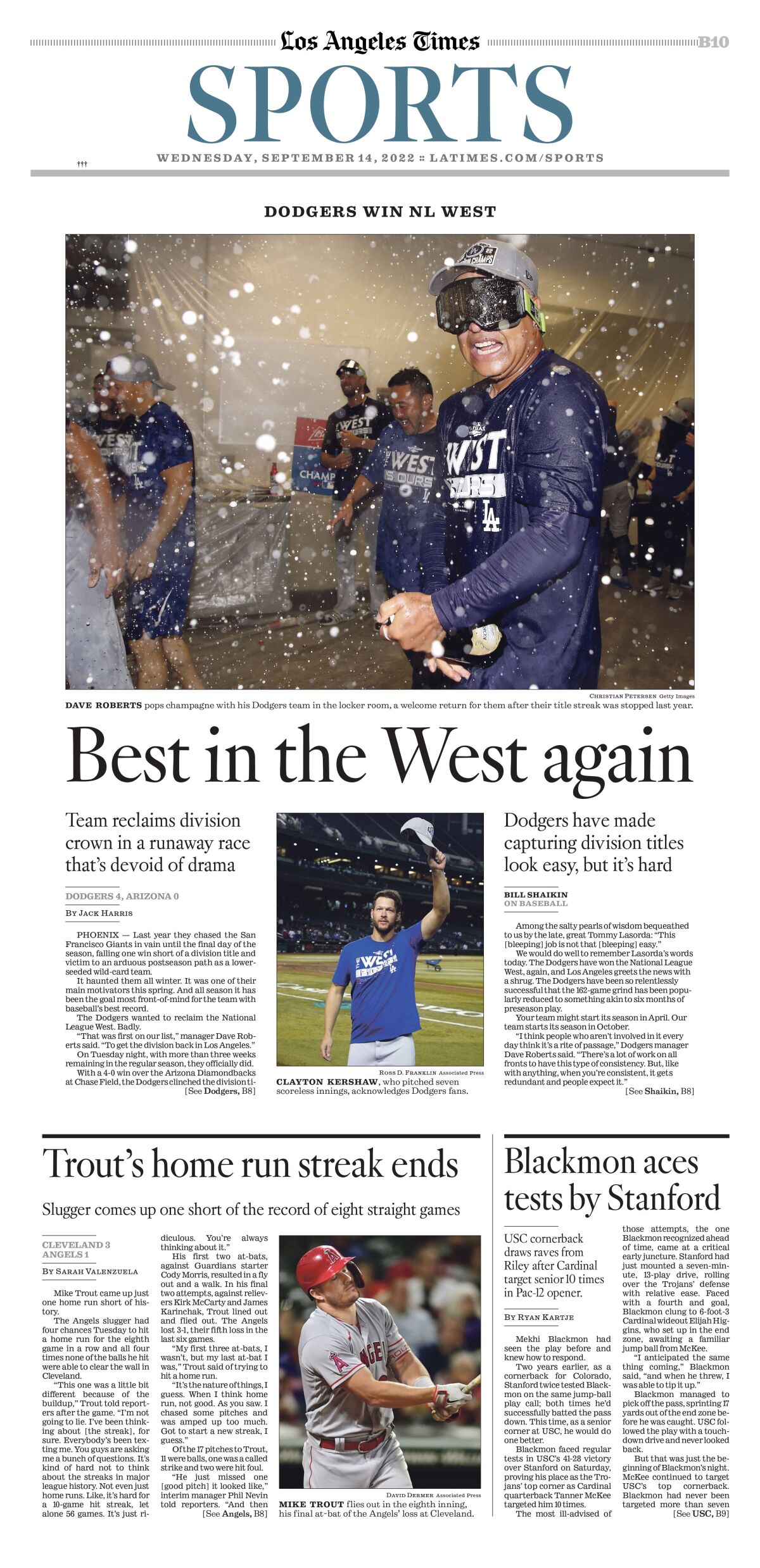 Los Angeles Times sports section cover on Sept. 14 showing the Dodgers' NL West title celebration