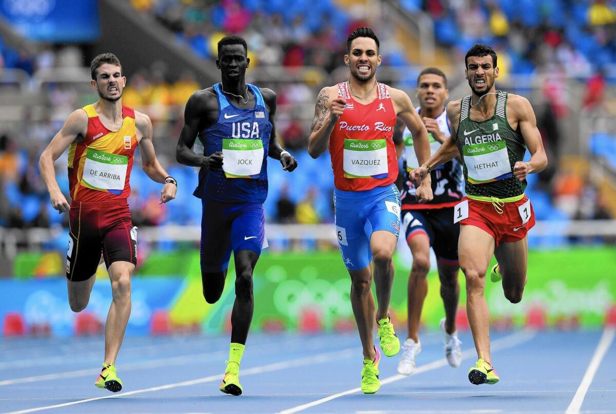 Charles Jock, second from left, a former UC Irvine All-American and NCAA champion in the 800 meters, posted a time of 1 minute, 47.06 seconds in a round one heat on Friday and failed to advance to the semifinals at the Olympics in Rio de Janeiro, Brazil.
