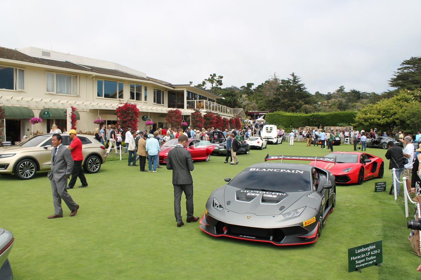 The Lamborghini Huracan Super Trofeo and others on the Concept Lawn at the 2014 Pebble Beach Concours d'Elegance.