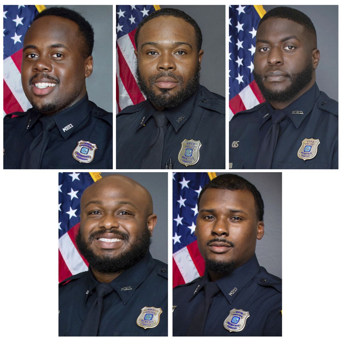 A grid of mugshots of police officers involved in the beating of Tyre Nichols.