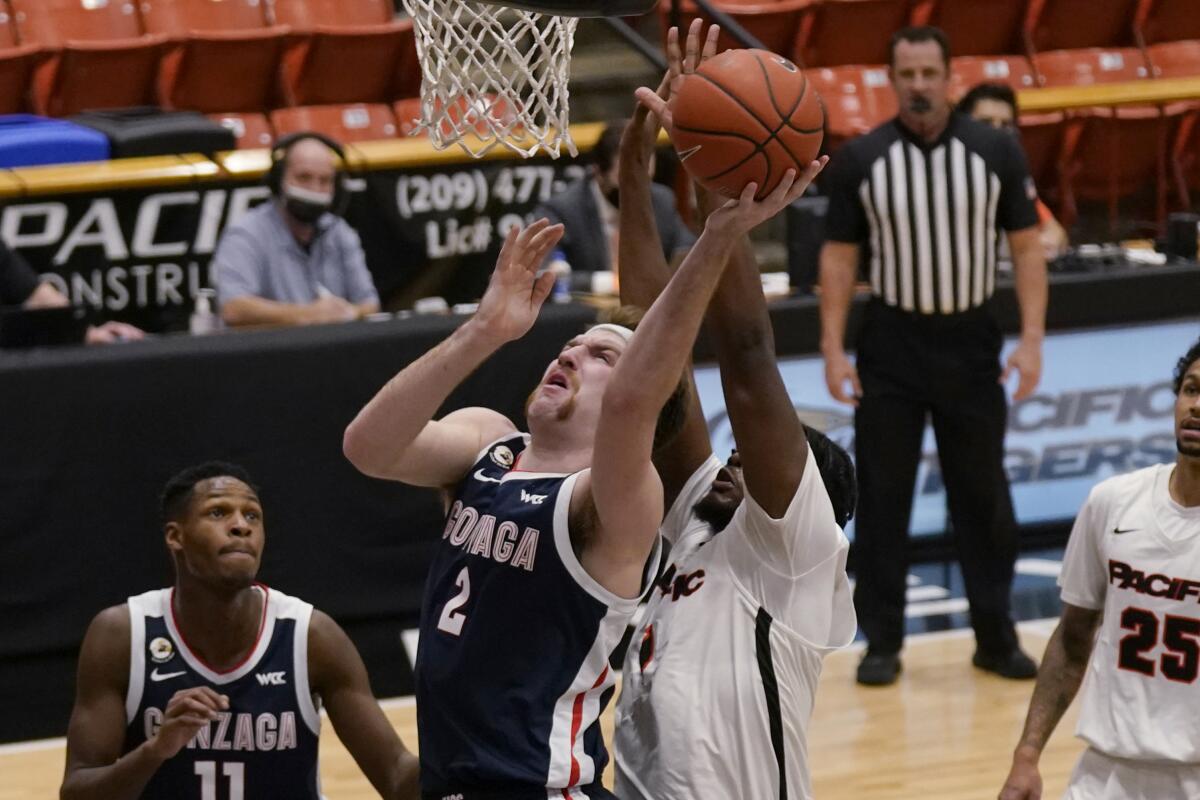 Gonzaga forward Drew Timme goes to the basket against Pacific forward Jordan Bell.