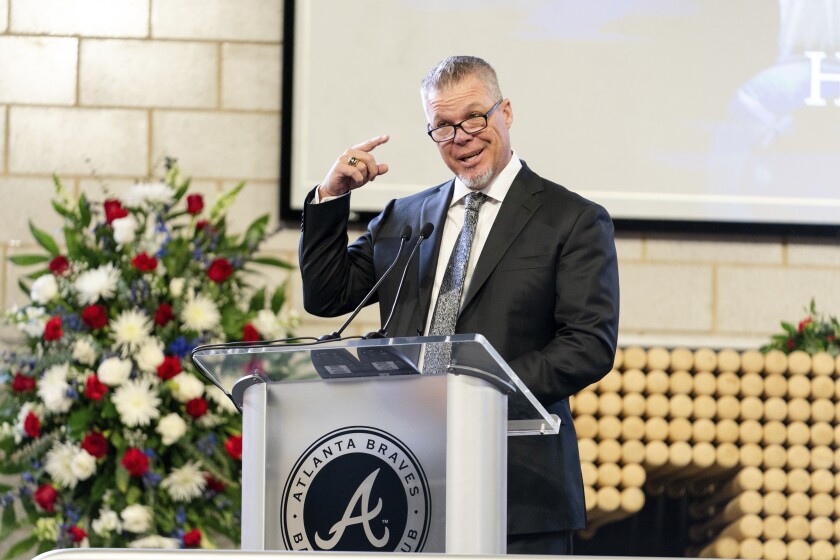 Chipper Jones, former Atlanta Braves player and Hall of Famer, speaks during "A Celebration of Henry Louis Aaron," a memorial service celebrating the life and enduring legacy of the late Hall of Famer and American icon, on Tuesday, Jan. 26, 2021, at Truist Park in Atlanta. (Kevin D. Liles/Atlanta Braves via AP, Pool)