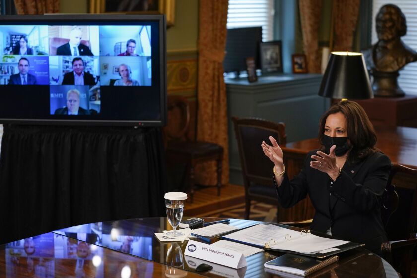 Vice President Kamala Harris speaks at a virtual meeting with outside national security experts in Vice President's ceremonial office at the Eisenhower Executive Office Building on the White House complex in Washington, Wednesday, April 14, 2021. (AP Photo/Carolyn Kaster)