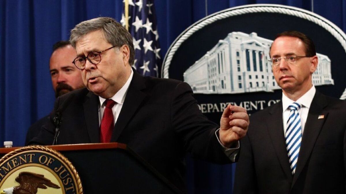 Atty. Gen. William P. Barr took pains to defend President Trump at an April 18 news conference ahead of the release of special counsel Robert S. Mueller III's report into Russian meddling in the 2016 election.