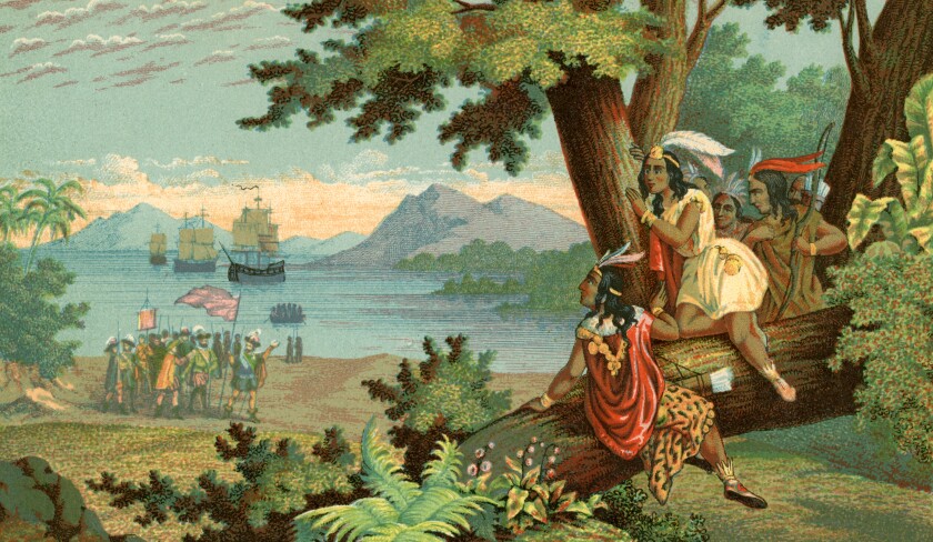Illustration circa 1900 of Columbus arriving in the New World 