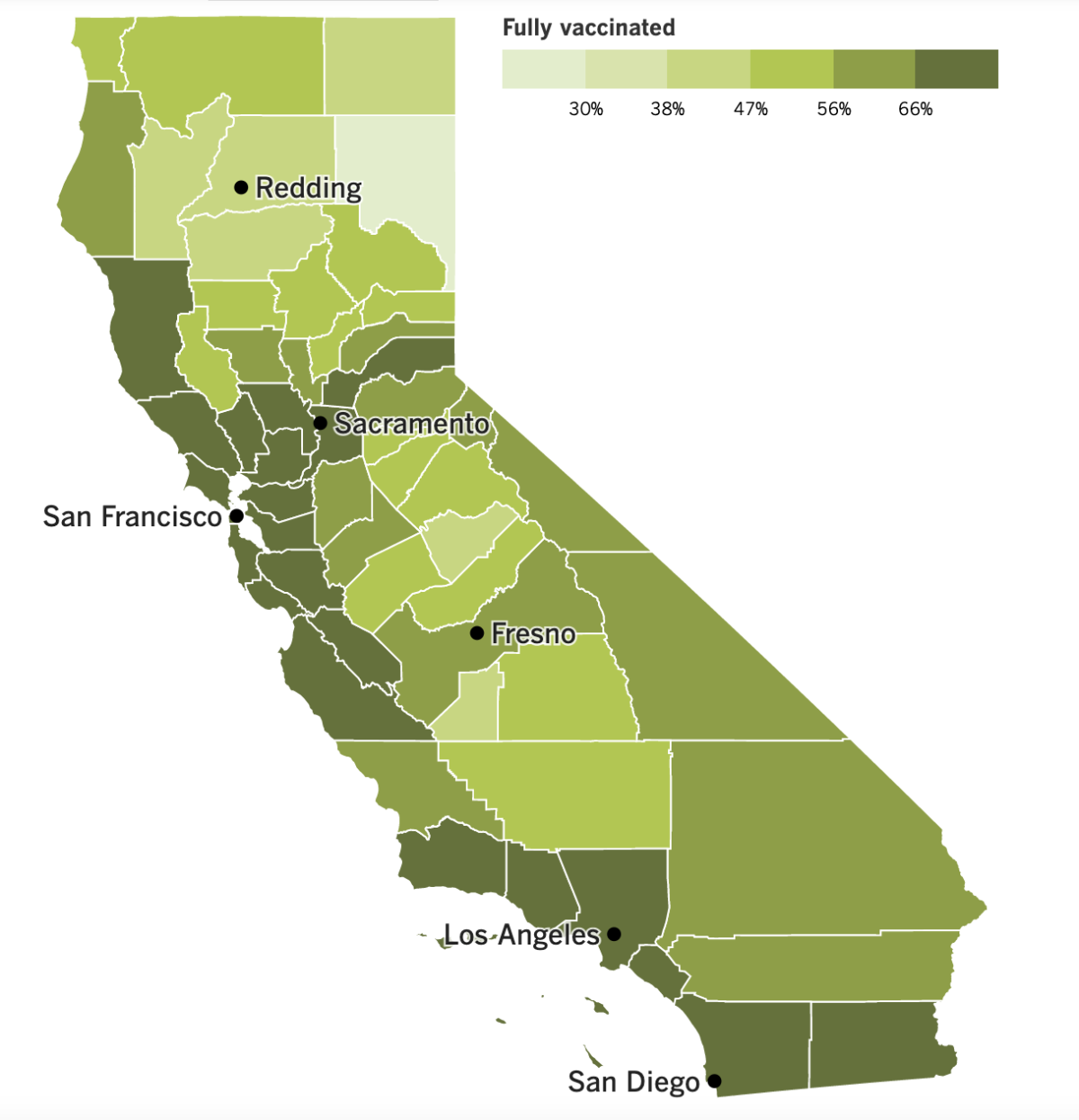 A map showing California's COVID-19 vaccination progress by county as of April 12, 2022.